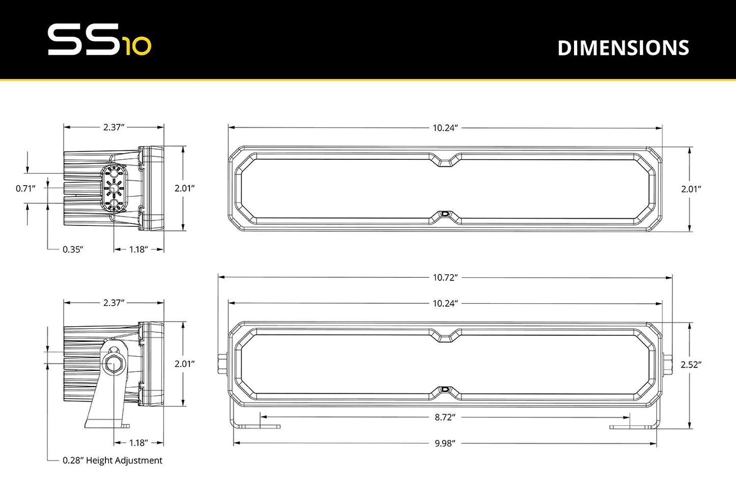 SS10 SAE/DOT LED Light Bar Technical drawing of a shower head with dimensions labeled
