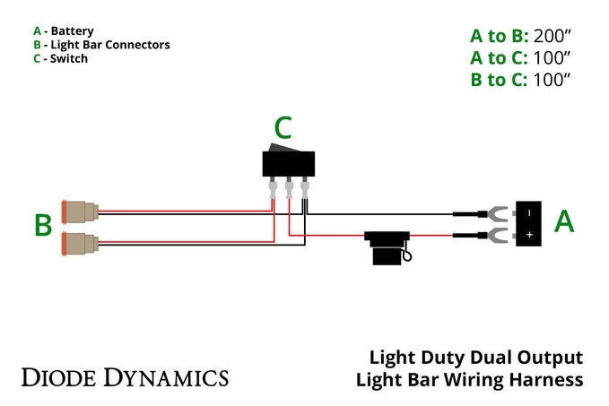 Wiring diagram for a light bar with labeled parts and wire lengths, branded 'Diode Dynamics'.