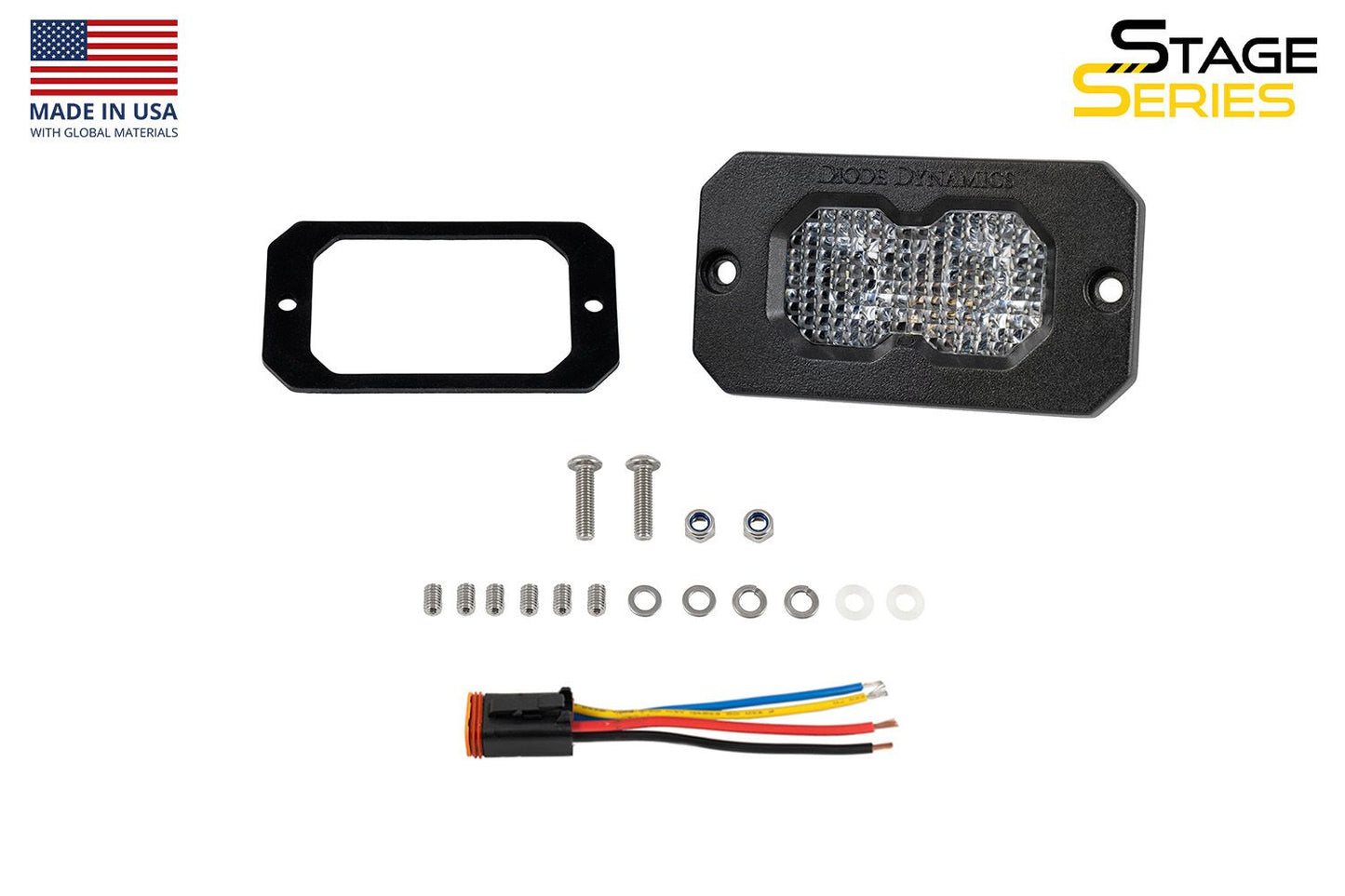 Car LED fog light kit with mounting bracket, screws, and wiring harness on a white background.