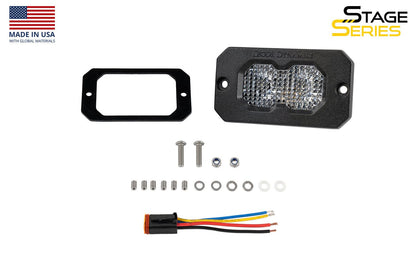 Car LED fog light kit with mounting bracket, screws, and wiring harness on a white background.