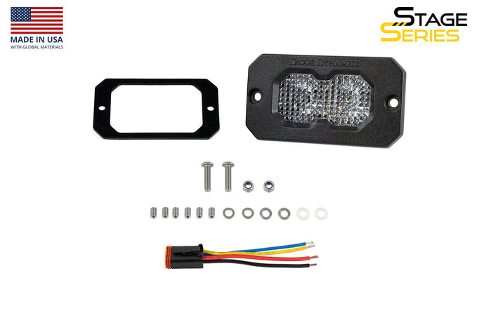 Car LED fog light kit with mounting bracket, screws, and wiring harness on a white background.