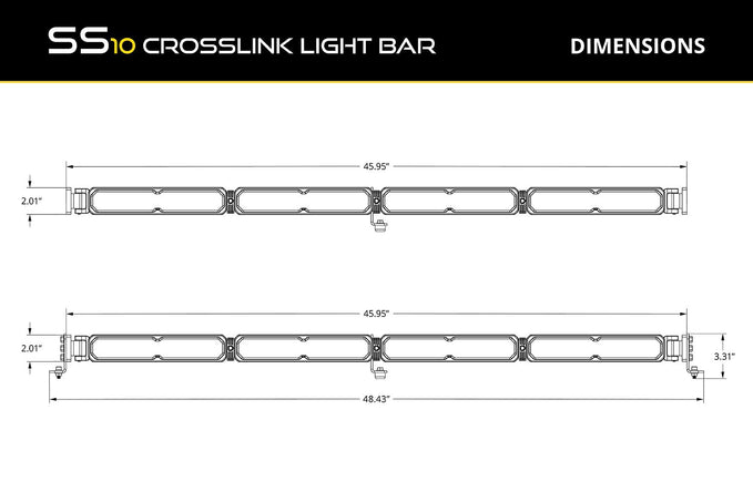 Technical drawing of a SSC2 2.0 Mini Crosslink Light Bar with dimensions 
