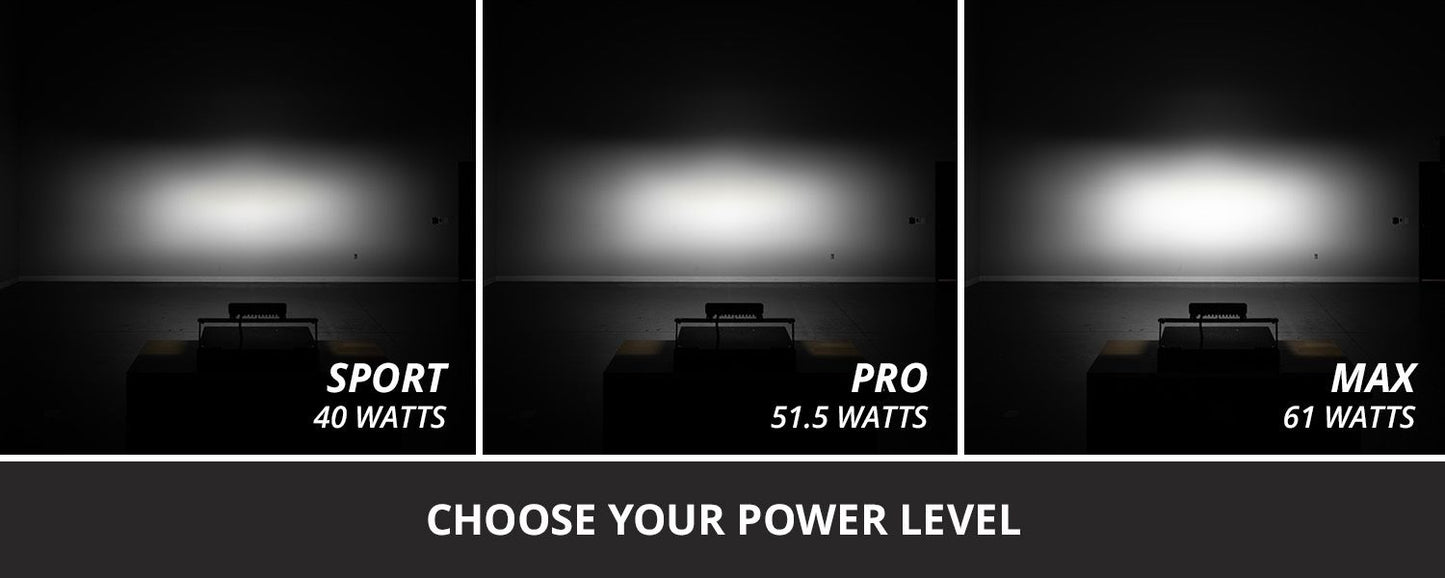 Comparison of SS10 SAE/DOT White LED Lightbar -  power levels labeled 'Sport', 'Pro', and 'Max' with wattage displayed.