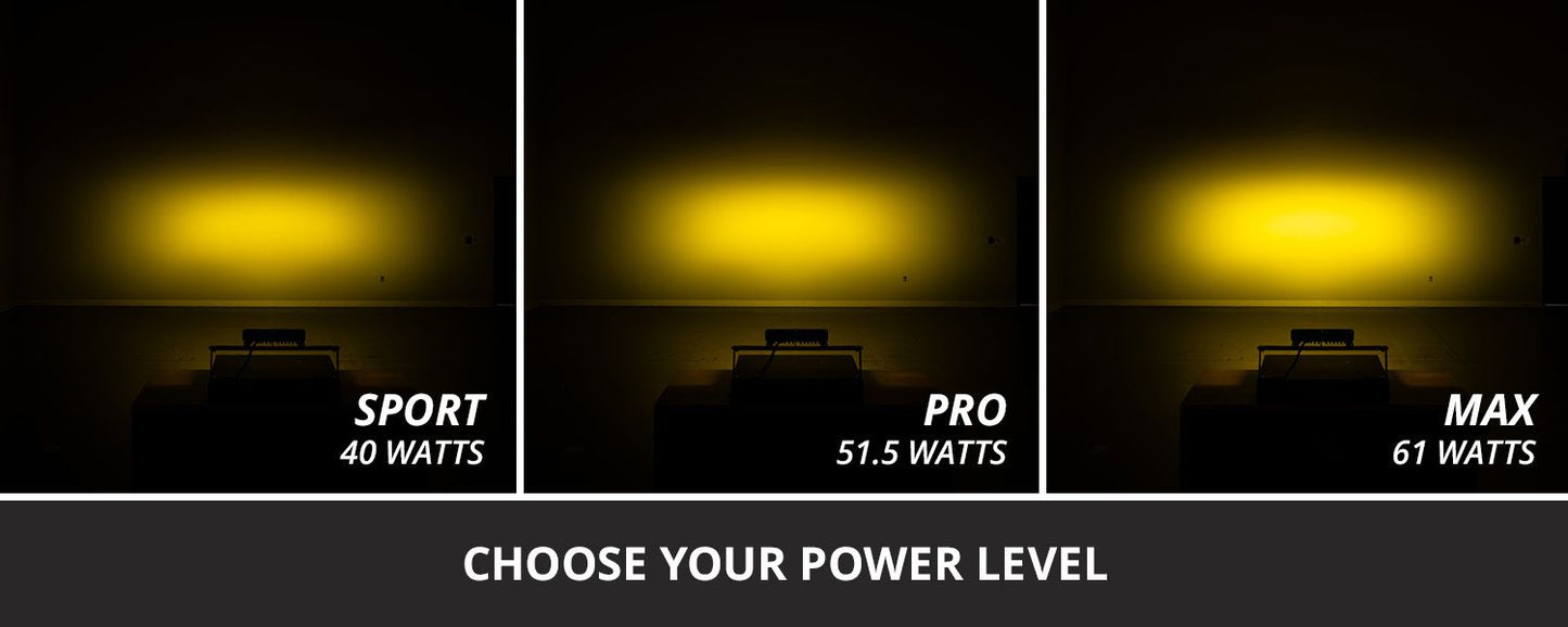 SS10 SAE/DOT Yellow LED Light Bar -  power levels labeled 'Sport', 'Pro', and 'Max' with wattage information.