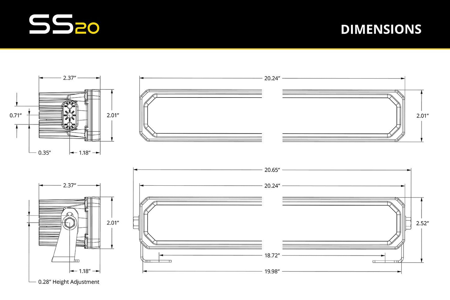 Technical drawing of a product with dimensions labeled, featuring the 'SS20' logo.