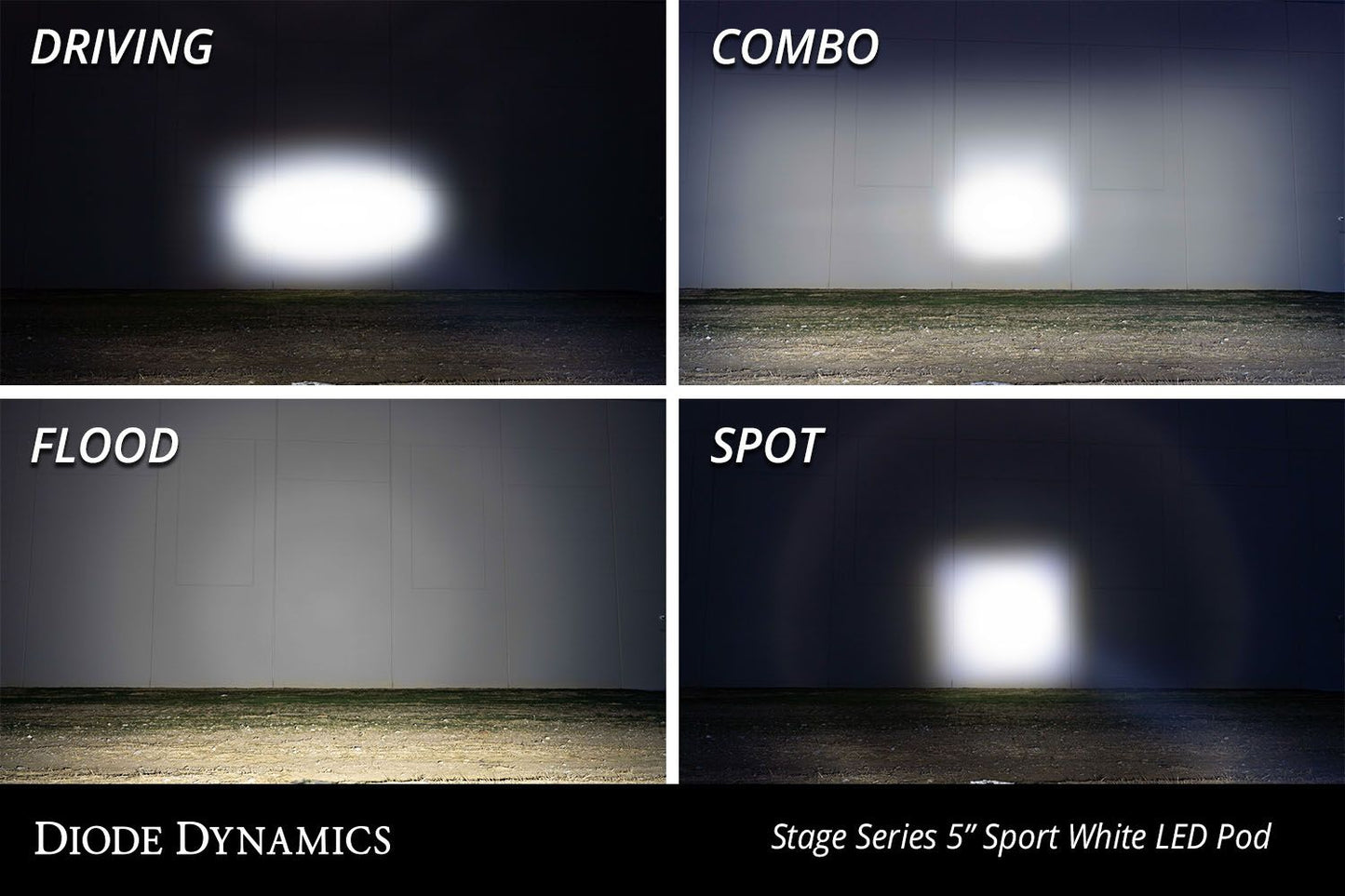 Comparison of Diode Dynamics Stage Series 5 Sport White LED Pod lights in driving, combo, flood, and spot modes.