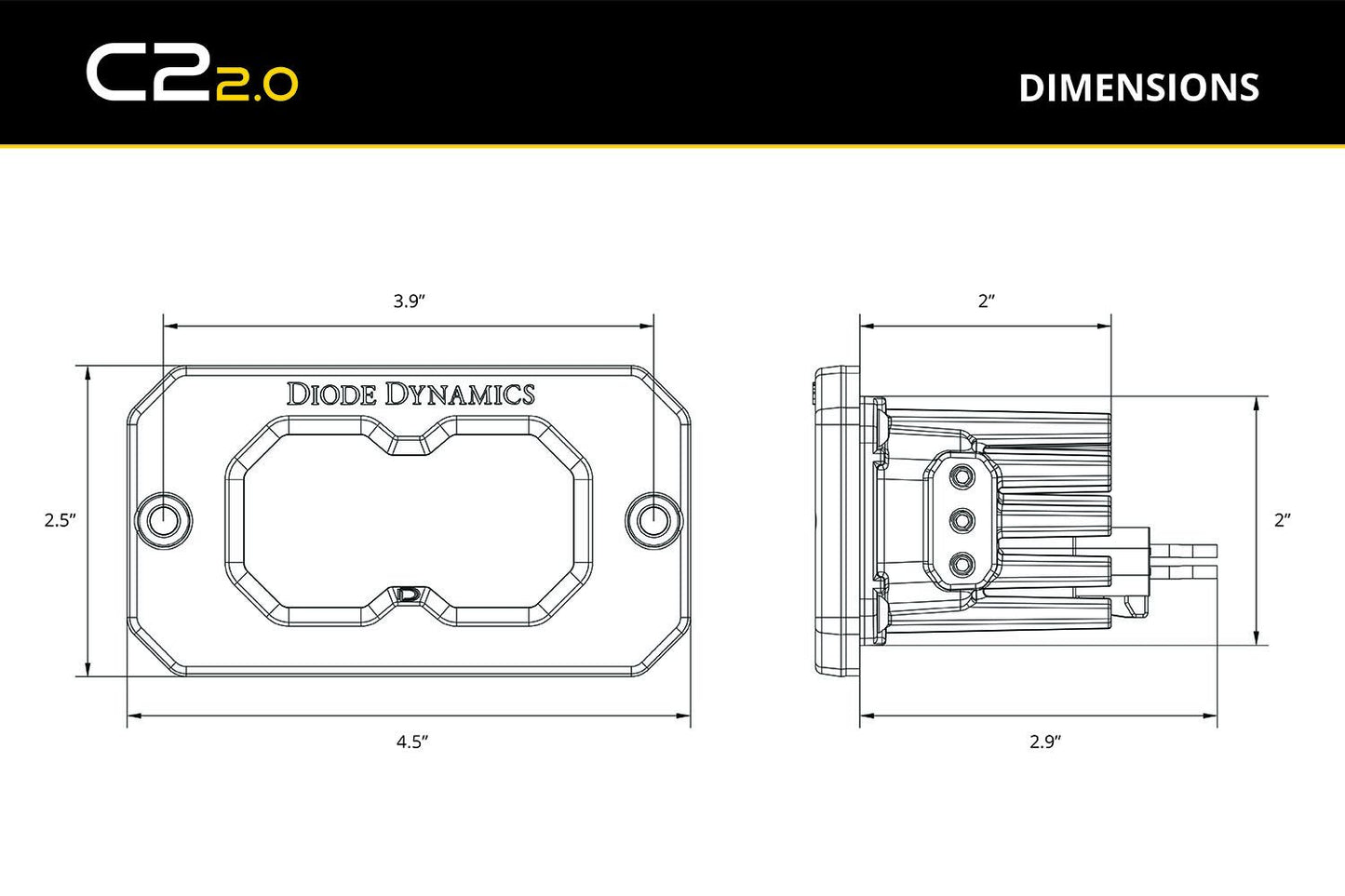 Technical drawing of a Diode Dynamics component with dimensions labeled, featuring the C22.0 logo.