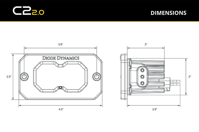 Technical drawing of a Diode Dynamics component with dimensions labeled, featuring the C22.0 logo.