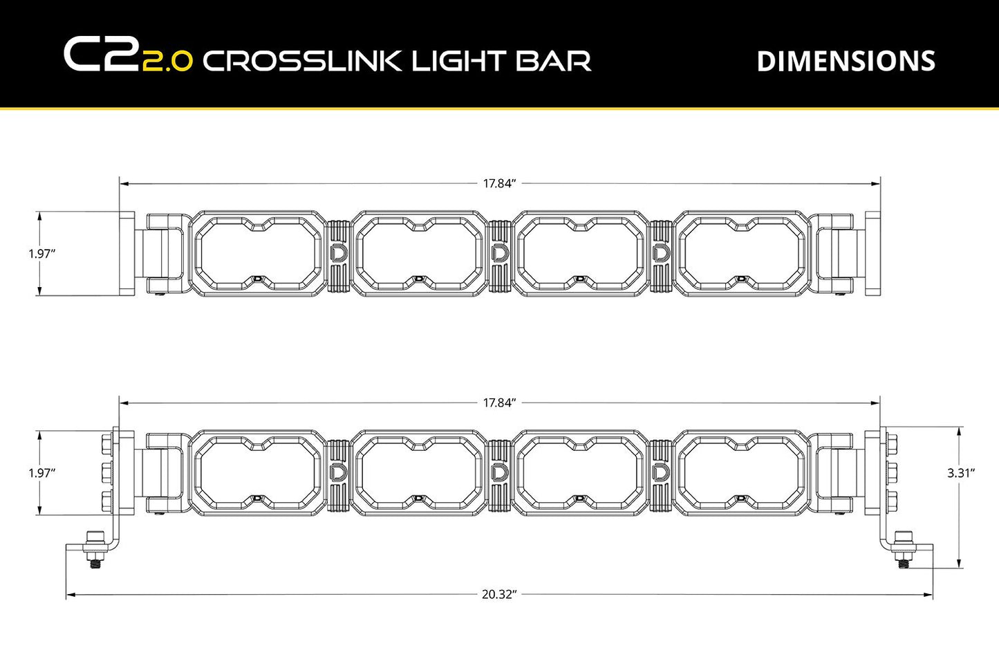 Technical drawing of a SSC2 2.0 Mini Crosslink Light Bar with dimensions 