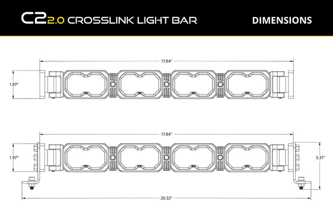 Technical drawing of a SSC2 2.0 Mini Crosslink Light Bar with dimensions 