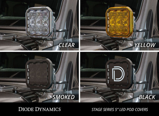 Four views of Diode Dynamics LED pod covers in clear, yellow, smoked, and black with brand name displayed.
