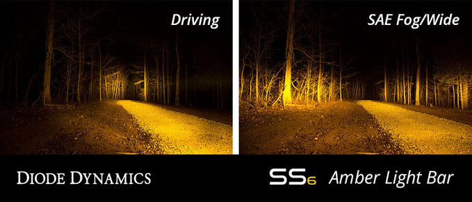 Comparison of Diode Dynamics and SAE Fog/Wide Amber Light Bar on a dark road with trees.