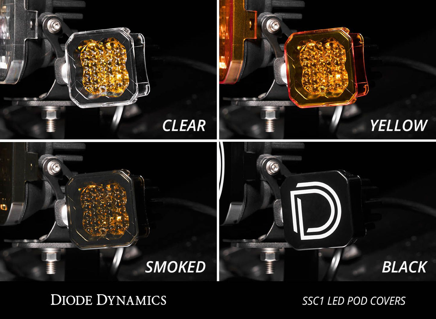 LED pod covers in clear, yellow, smoked, and black with Diode Dynamics branding.