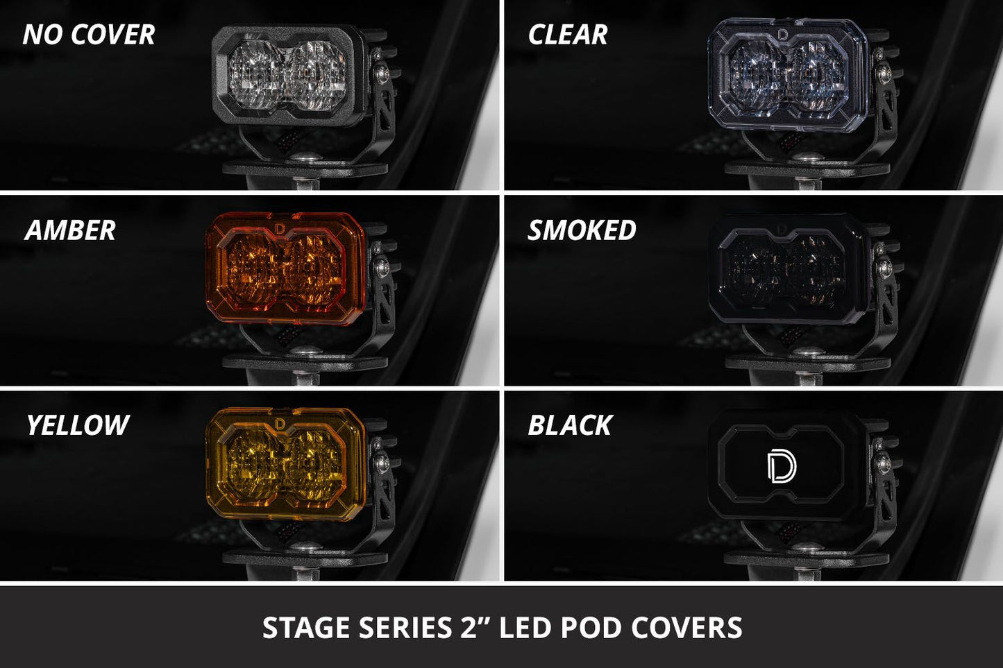 Comparison of Stage Series 2" LED Pod Covers in various colors on a dark background.