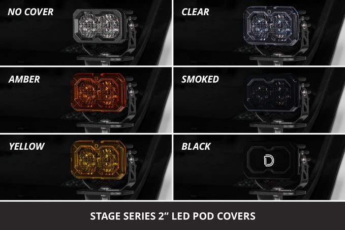 Comparison of Stage Series 2" LED Pod Covers in various colors on a dark background.