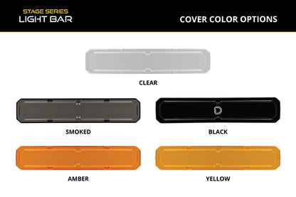 Stage Series LED Light Bar Cover color options including clear, smoked, black, amber, and yellow on a white background.